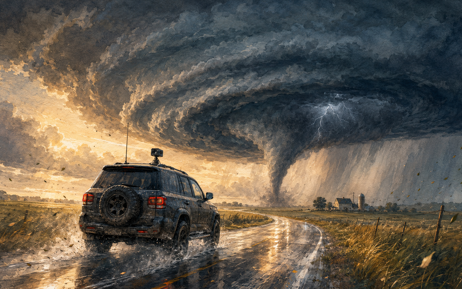 A storm-chasing vehicle racing beneath a tornado while a roof camera records the storm