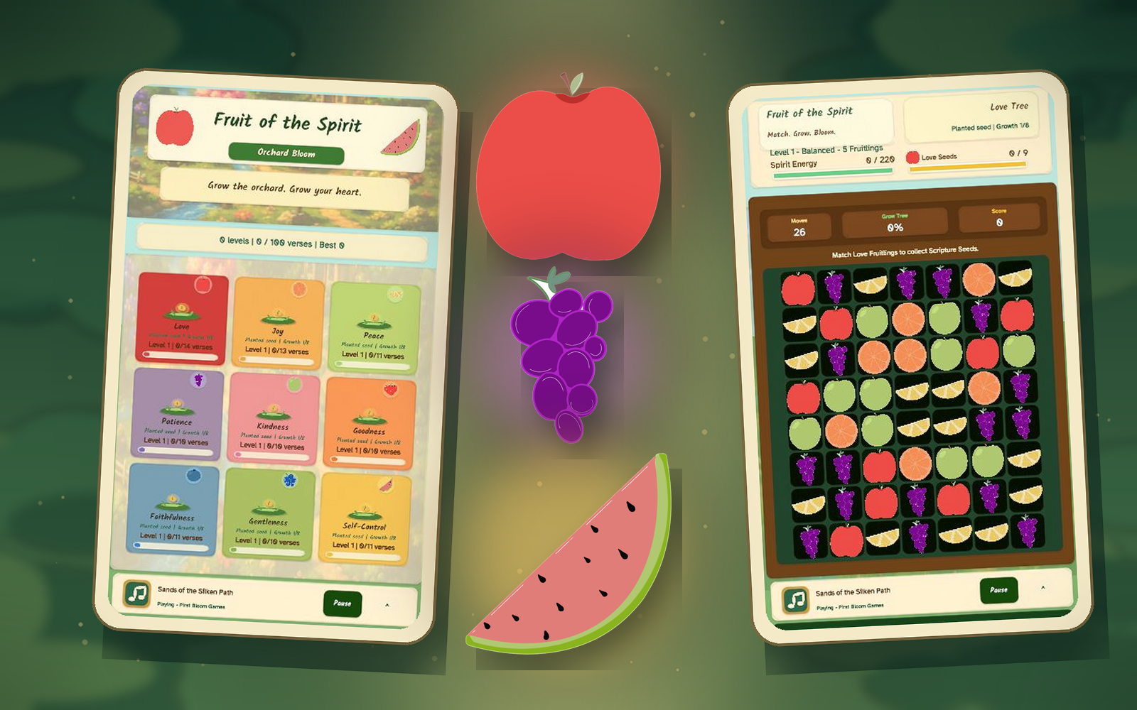 Current Fruit of the Spirit match-3 board filled with the hand-drawn fruit artwork