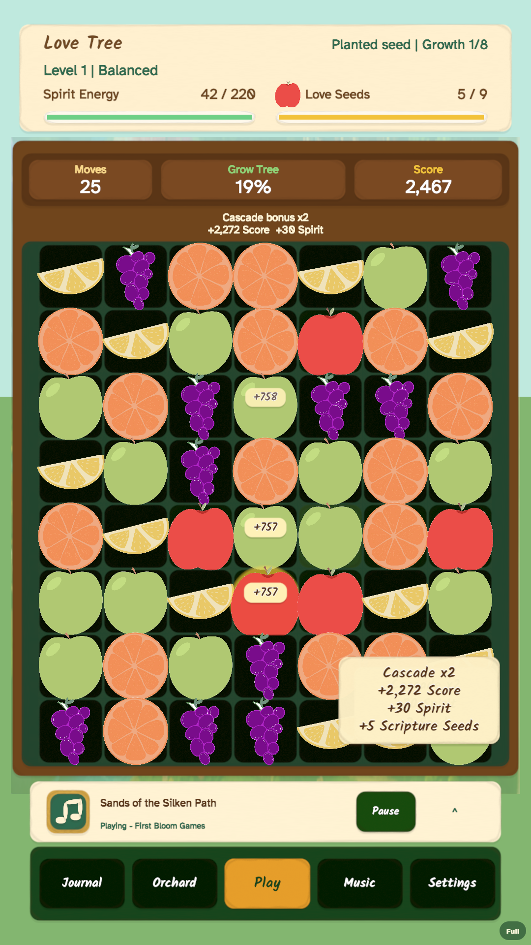 A colorful match cascade using the hand-drawn fruit pieces in Bloom