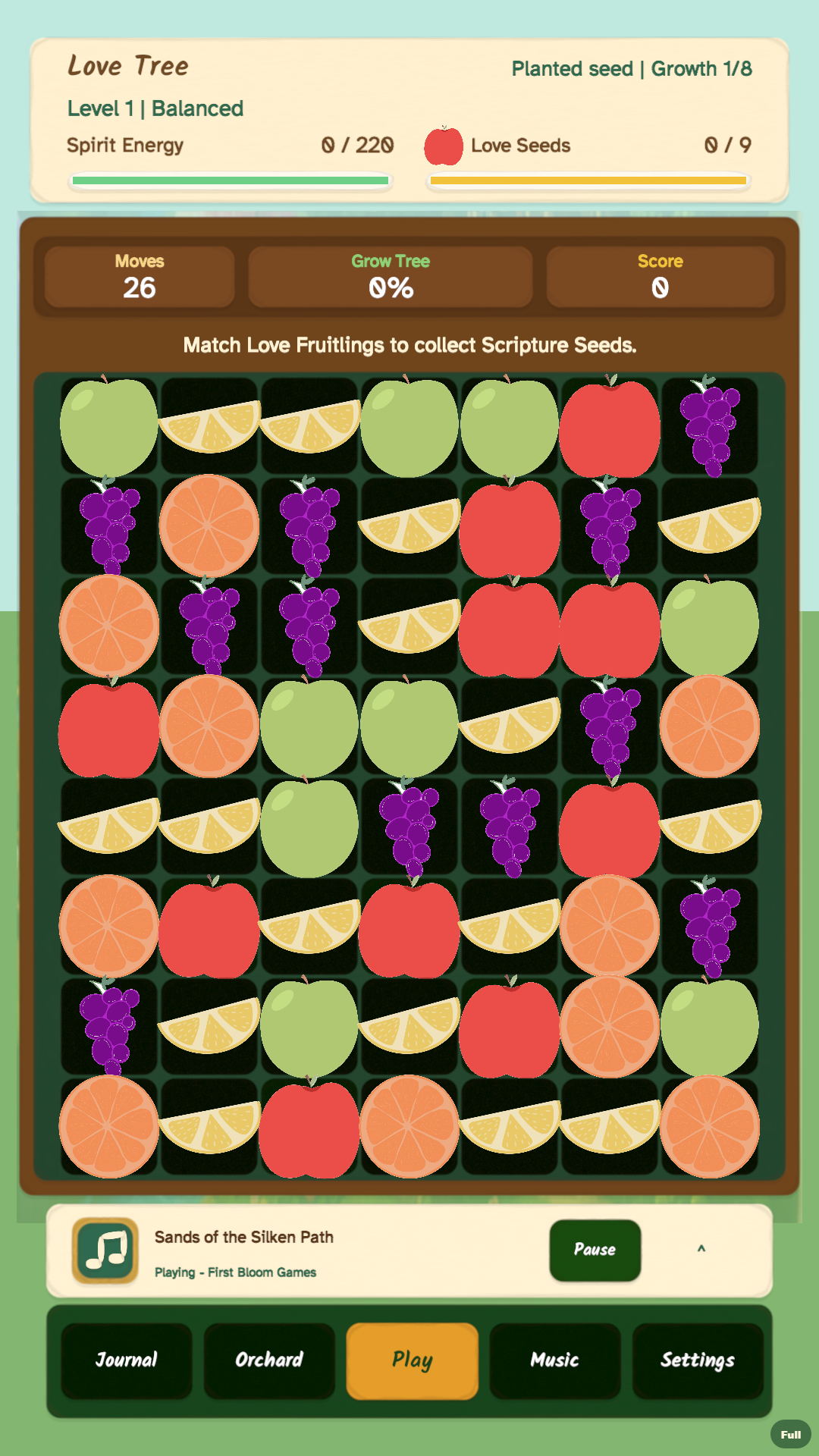 Bloom gameplay showing large hand-drawn fruit pieces on the Love Tree board