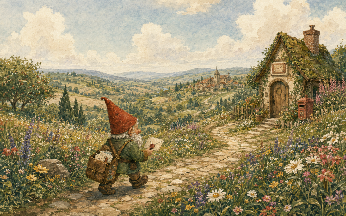 A watercolor gnome postal courier following a garden path toward a tiny post office