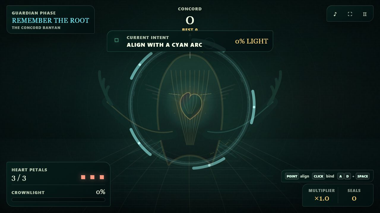 Prismbind gameplay showing the Crownheart Guardian behind luminous cyan orbit arcs